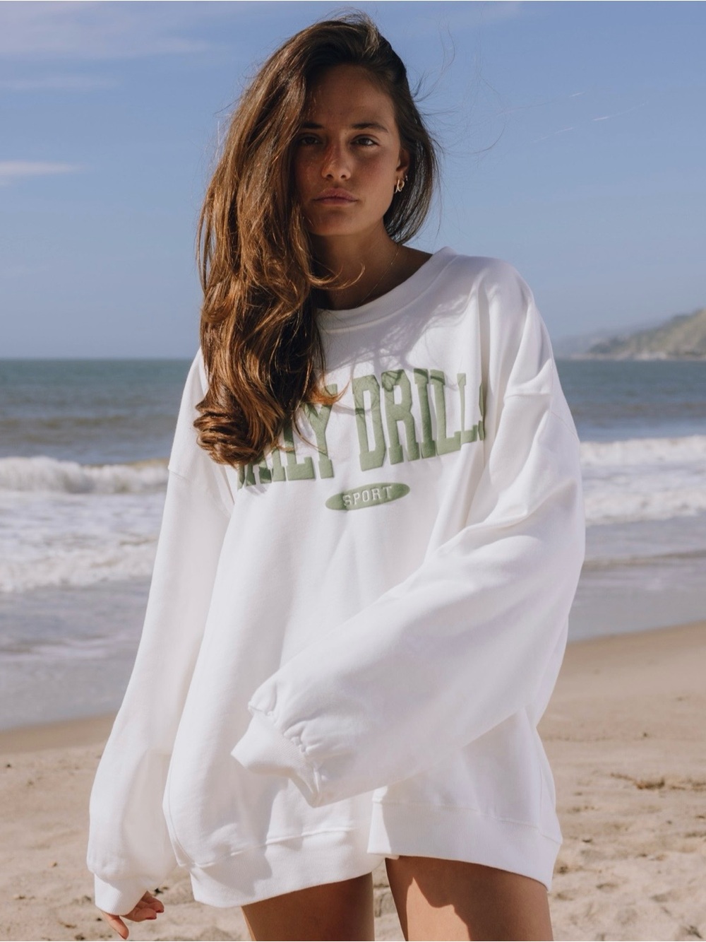 Daily Drills Oversized Sport Crew- White with DD Green